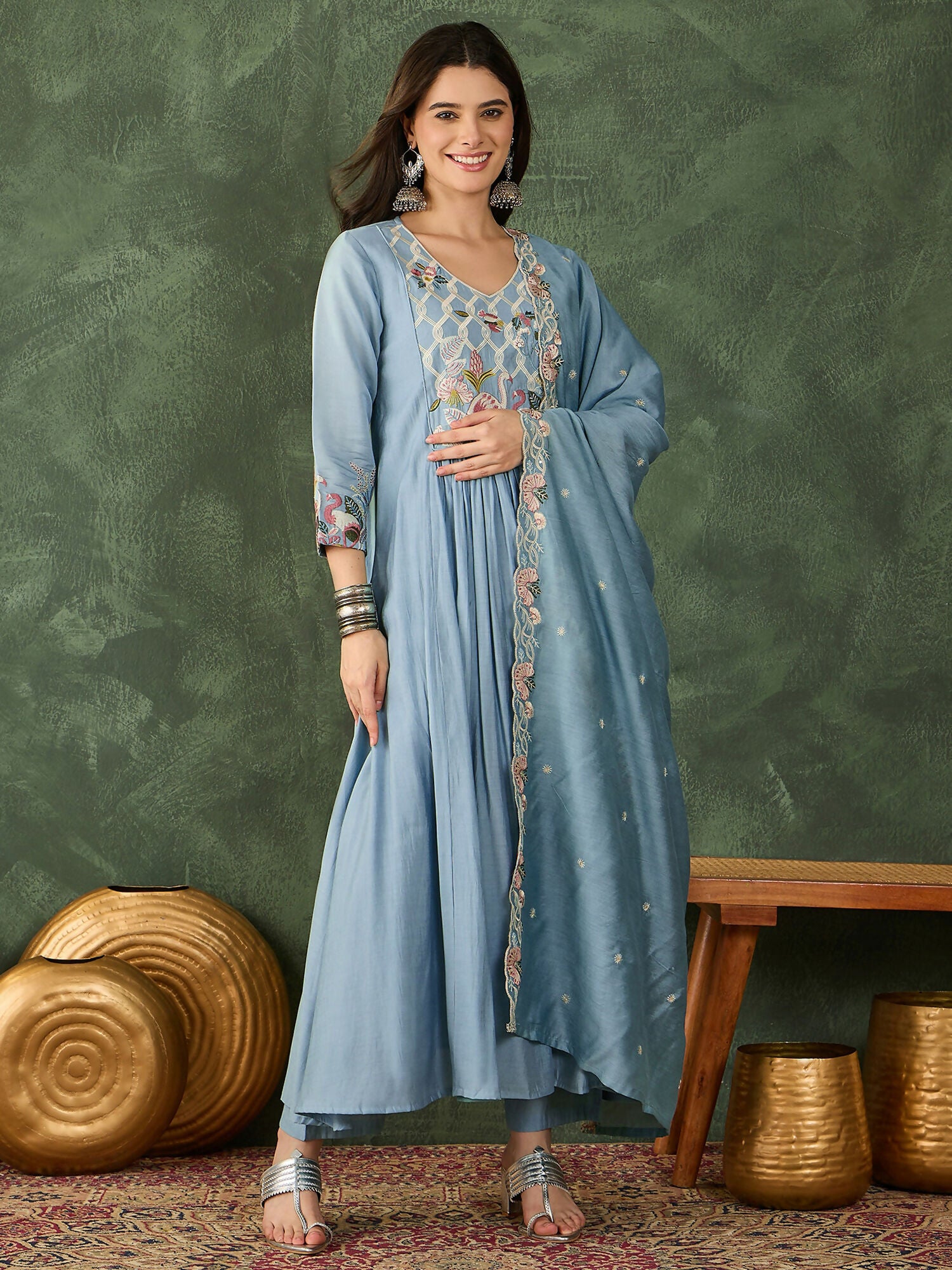 The52 Women's Beautiful Embroidery Work Silk Fabric Flared Kurta Pant and Dupatta Set-Sky - Dista