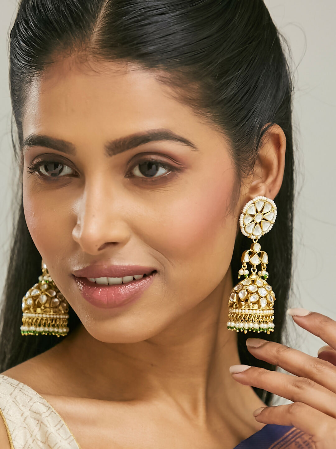 Nuyug 22K Gold-Plated Kundan Stone Studded & Pearl Beaded Dome Shaped Jhumkas