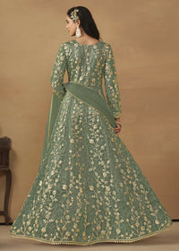 Thumbnail for Pant Style Sage Green Embroidered Net Wedding Anarkali Suit - Emponline - Distacart