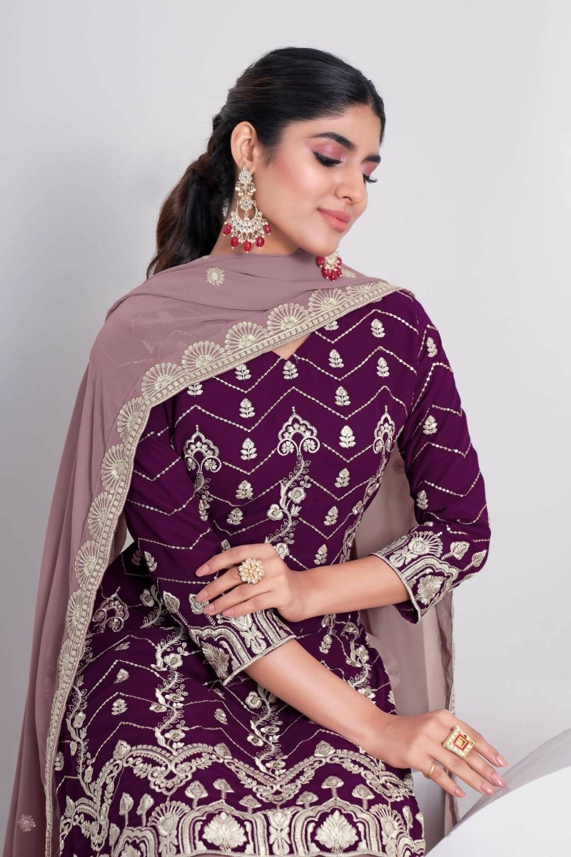 Aastha Fashion Women's Purple Faux Georgette Thread & Sequins Embroidery Party Wear Sharara Sets - Distacart