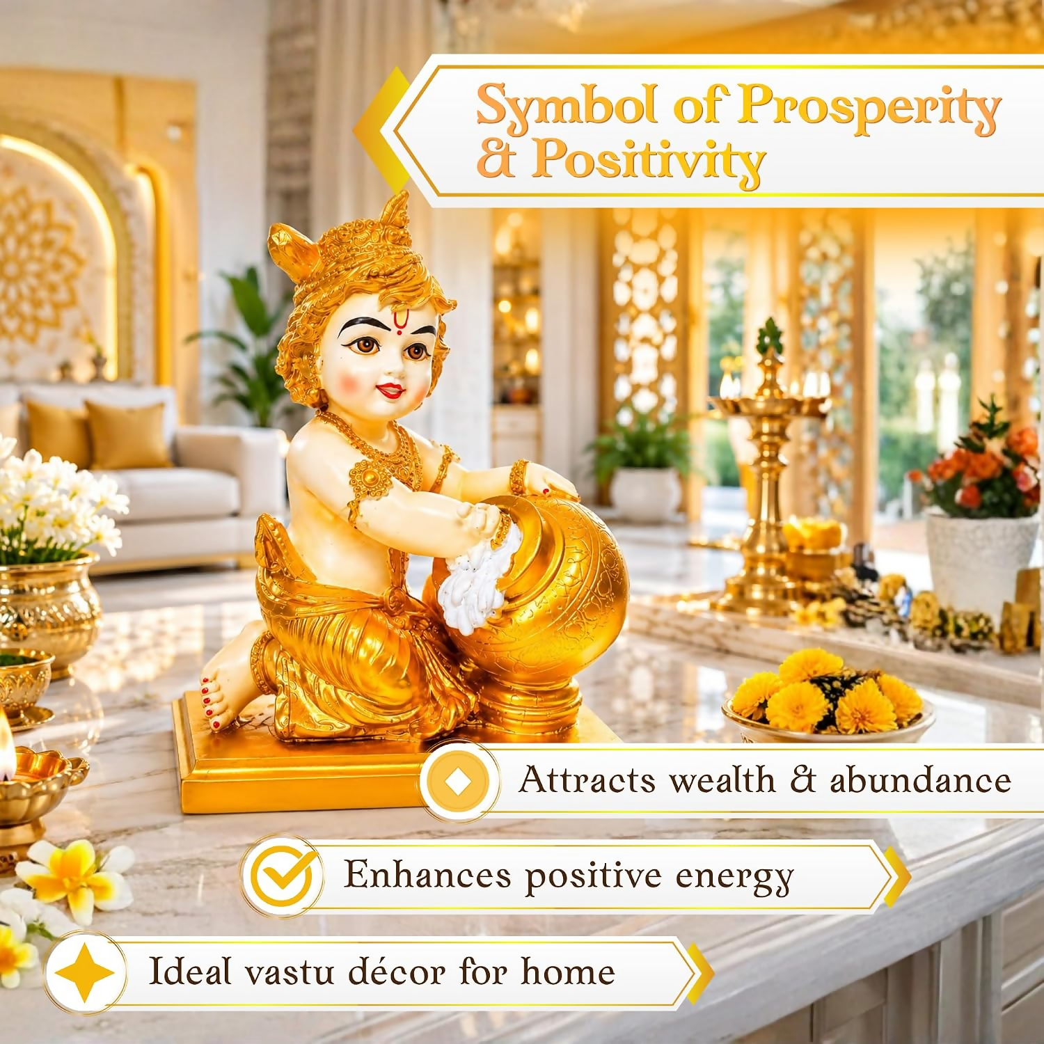 Bal Krishna Idol with Butter Pot - Gold - Dista