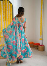 Thumbnail for Teeya Creation Blue Pure Muslin Silk Digital Print Traditional Wear Long Gown - Distacart
