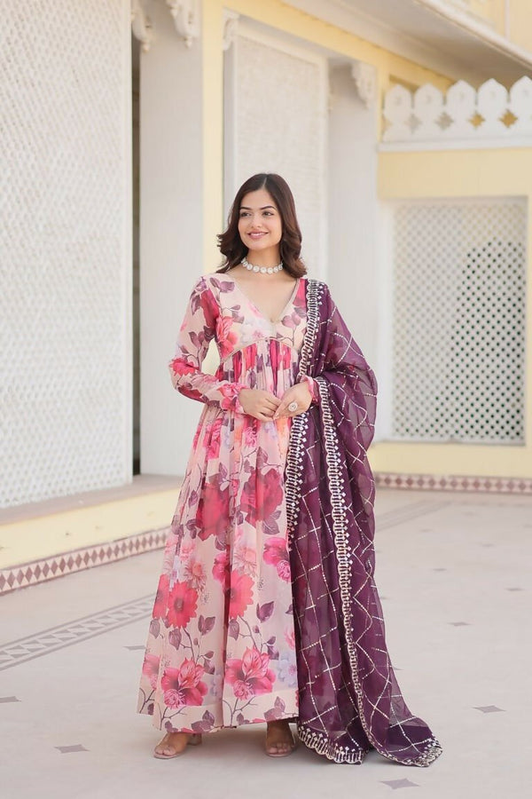 Aastha Fashion Women's White Russian silk Digital Printed Gown with Dupatta - Distacart