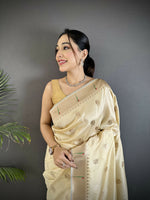Thumbnail for Joban Fashion Off-White Peacock & Floral Motifs Soft Silk Kanchipuram Saree - Distacart