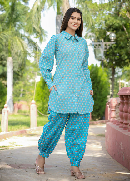 Kaajh Women's Sky Blue Printed Cotton Kurta Pant Set - Distacart