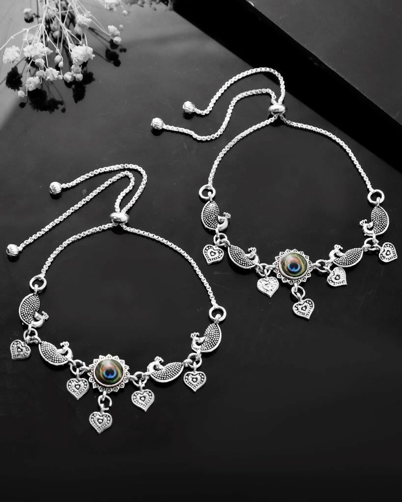 VOJ Set Of 2 Silver Plated Peacock Handcrafted Anklets - Distacart
