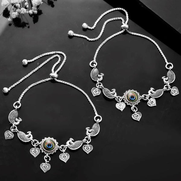 VOJ Set Of 2 Silver Plated Peacock Handcrafted Anklets - Distacart