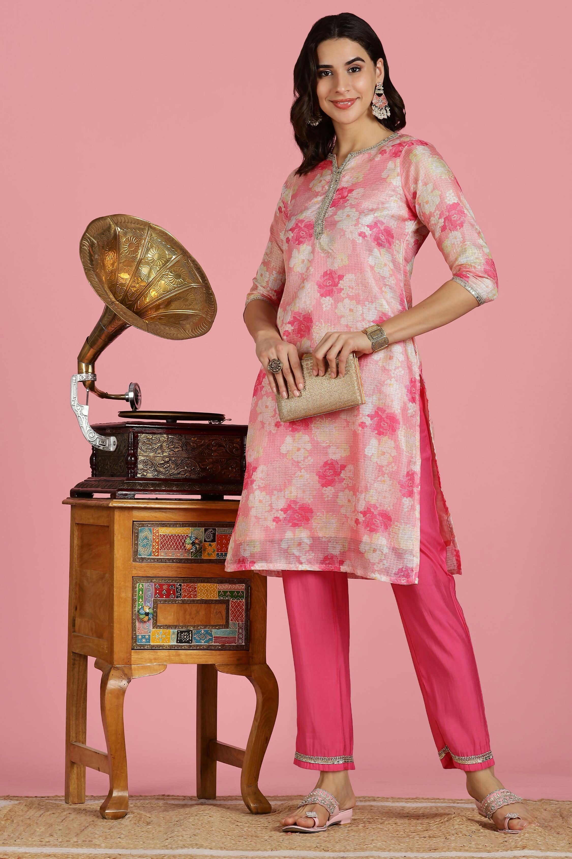 BulBul Women Pink Floral Printed Kota Doriya Kurta Set
