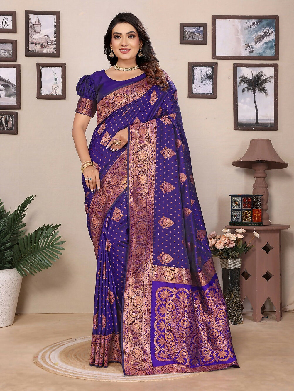 Joban Fashion Banarasi Navy Blue Woven Soft Silk Saree