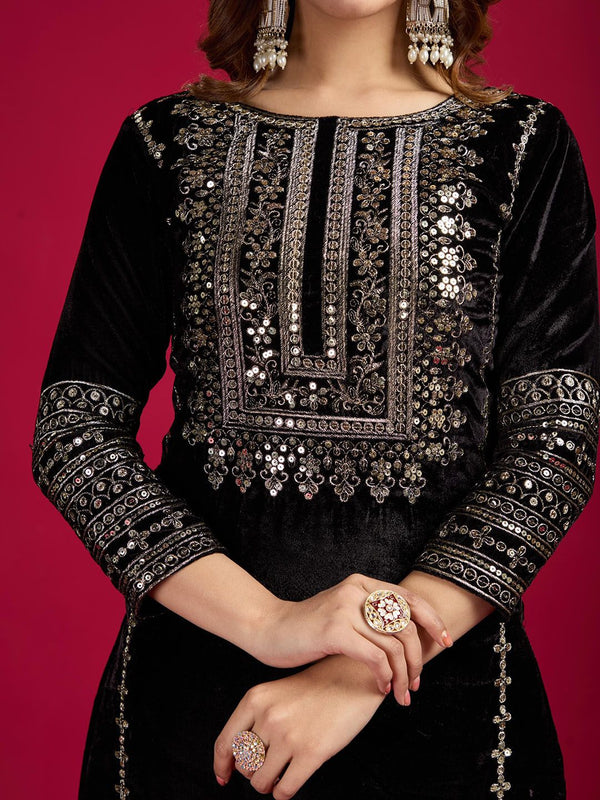 Kalini Women Ethnic Motifs Embroidered Regular Sequinned Velvet Kurti with Pyjamas & With Dupatta