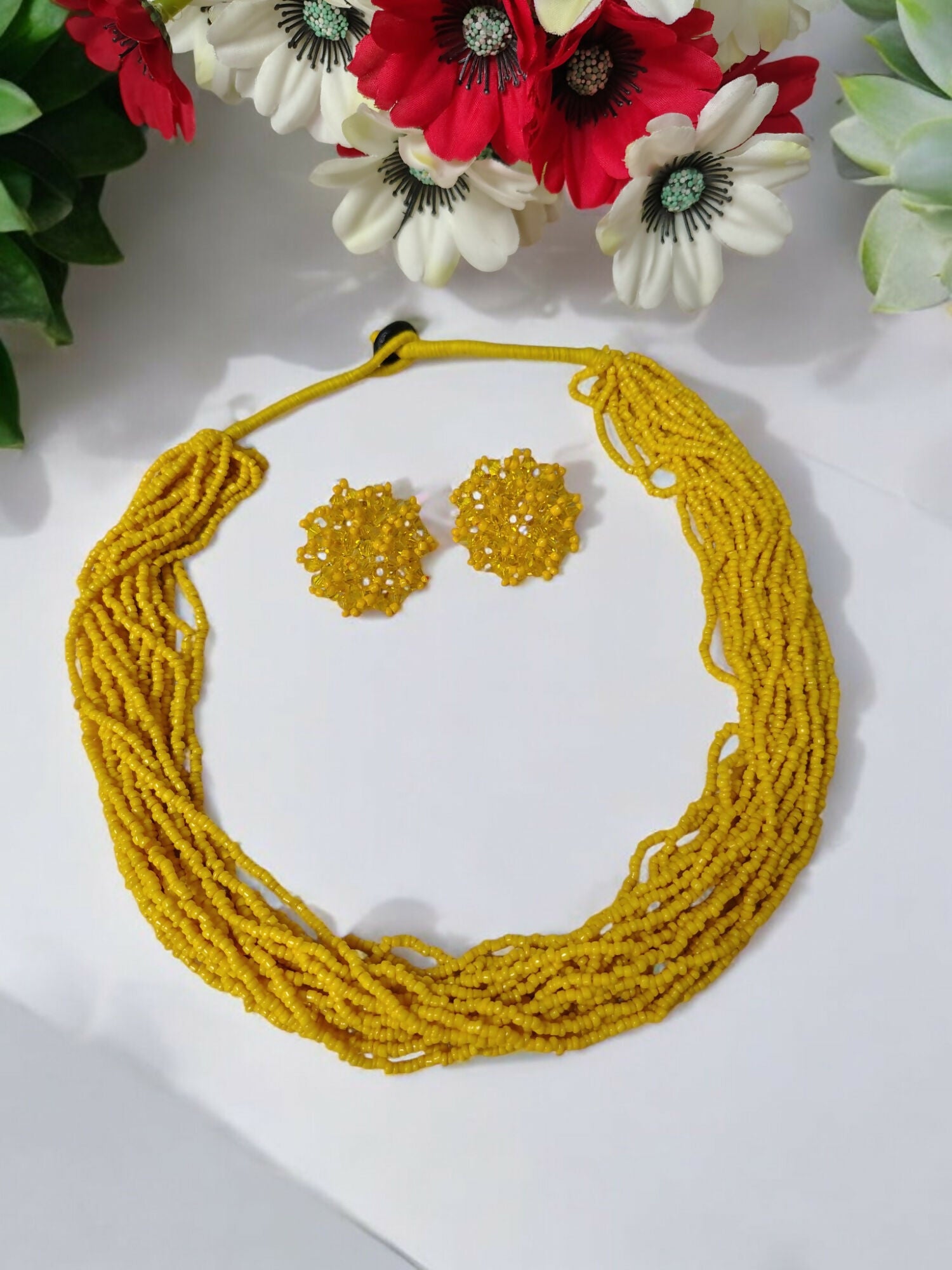Inhanns Vibrant Handmade 20 Layers Beaded Necklace With Matching Earrings - Yellow - Distacart