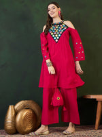 Thumbnail for Sangria Embroidered Kurta, Palazzo With Bag Kurta Set