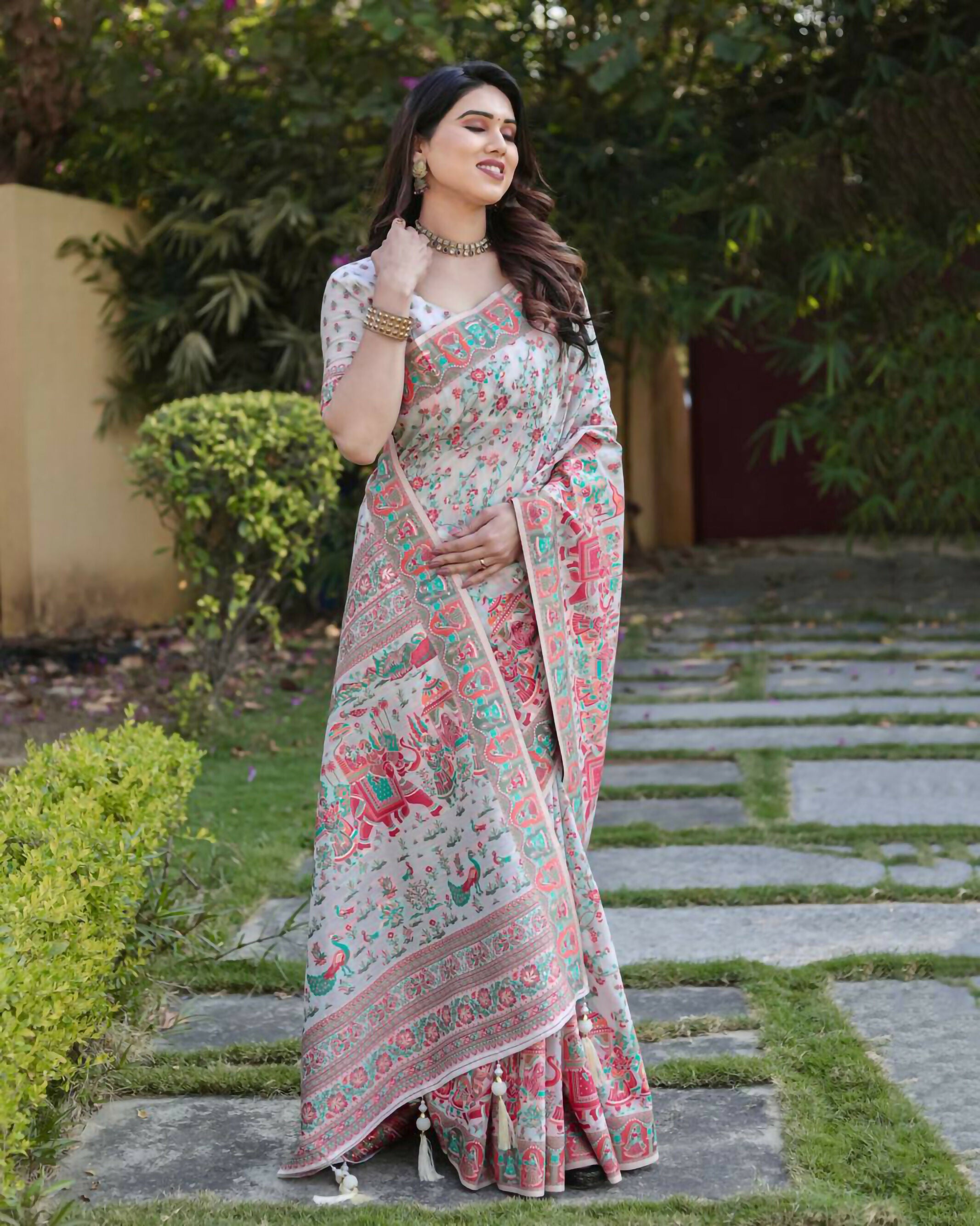 Vastranavya Luxury and Beautiful Soft, Smooth, Flowing Original Pashmina Soft Cotton Saree with Matching Blouse Fabric - Off White - Distacart