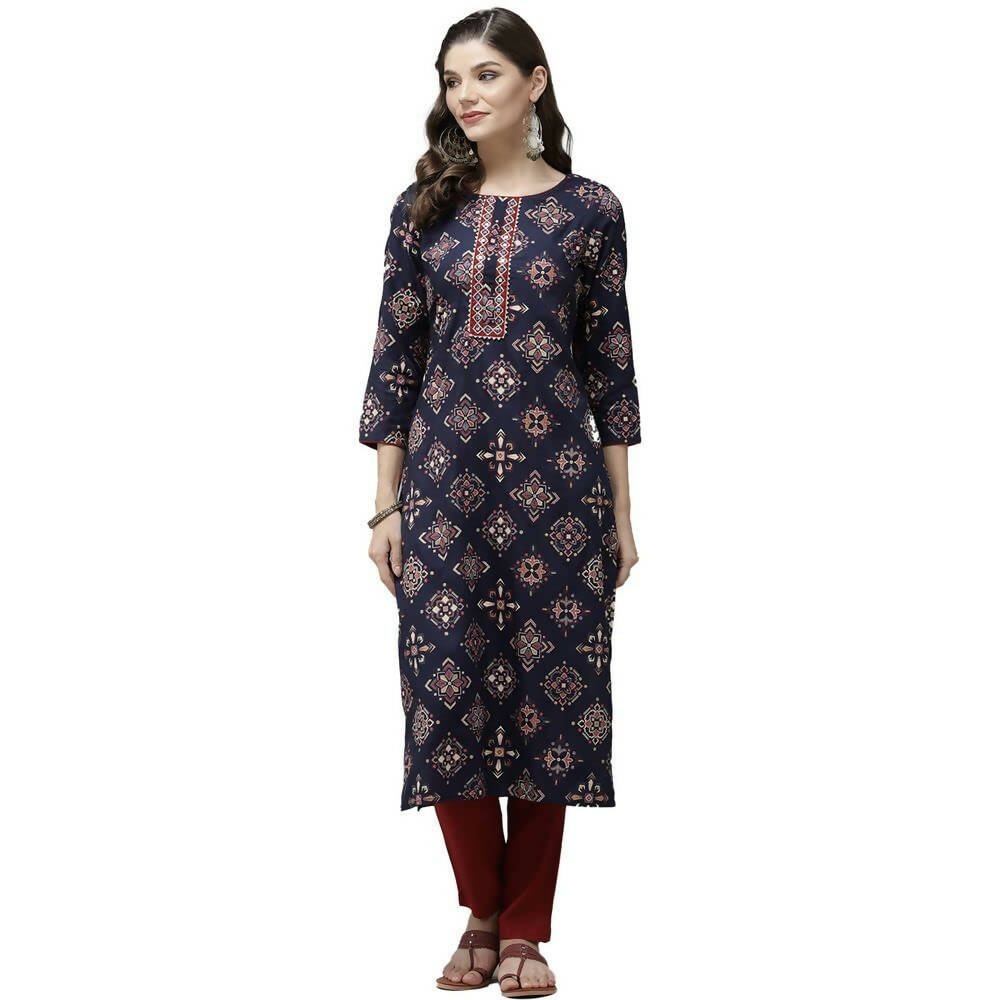 Anubhutee Women's Rayon Ethnic Motifs Printed Regular Gotta Patti Navy Blue Kurta with Trousers - Distacart