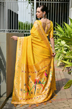 Thumbnail for Vishnu Weaves Women's Yellow Paithani Silk Zari Woven Saree with Blouse