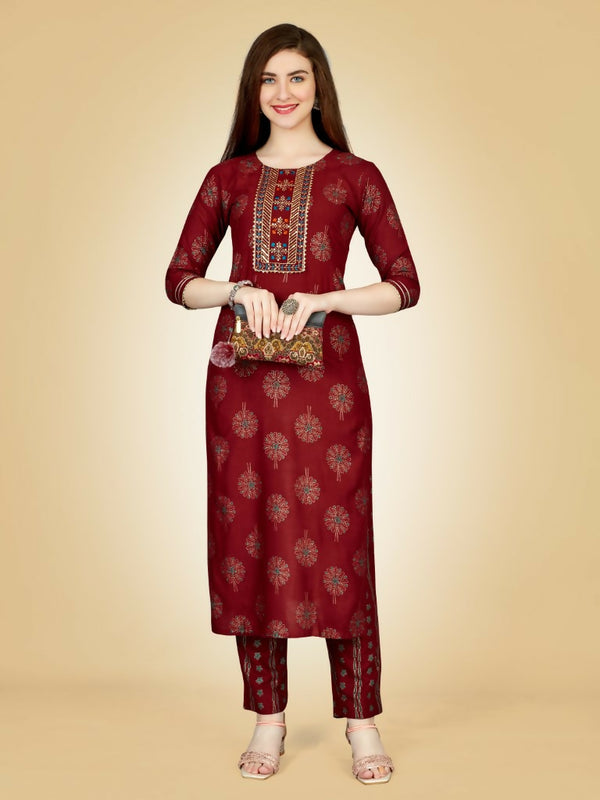 Jyoti Fashion Women's Maroon Viscose Rayon Embroidered Kurta Pant Set - Distacart