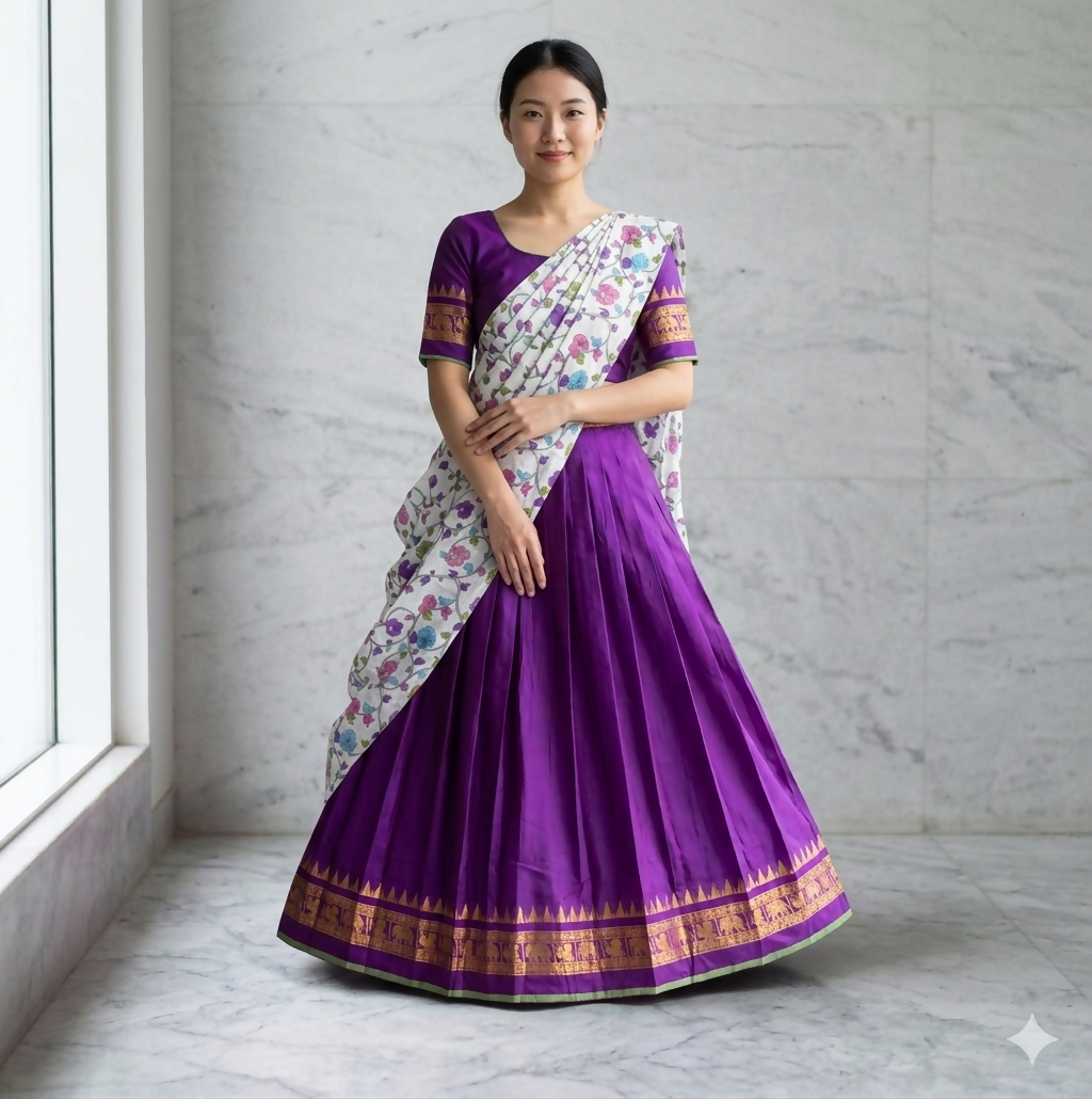 Teeya Creation Womens New Trendy Purple Traditional Pleated Lehenga Choli Set with Floral Printed Dupatta and Contrast Zari Border Set - Dista