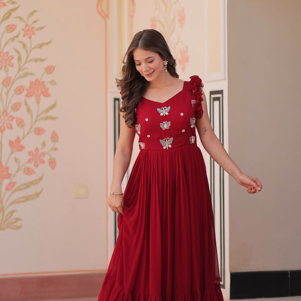 Joban Fashion Maroon Georgette Sequence Embroidery Work Gown - Distacart