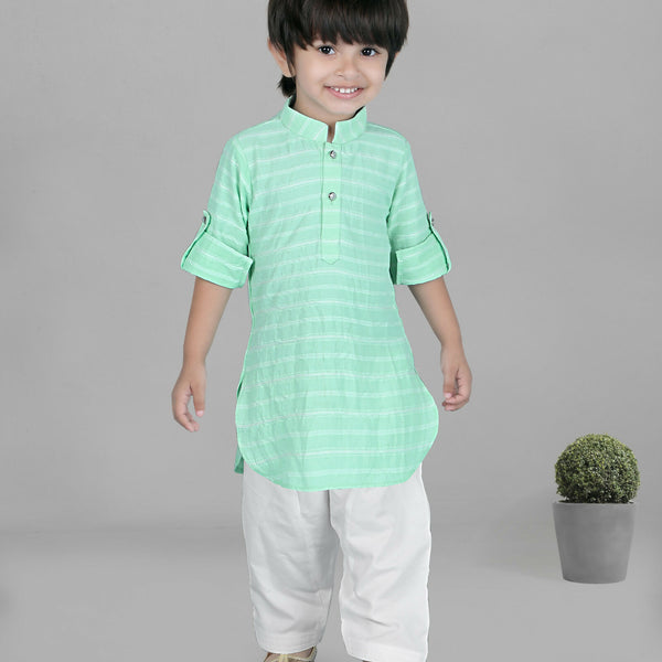 Joban Fashion Kids Island Cotton Full Sleeves Striped Kurta and Pyjama- Sea Green - Distacart
