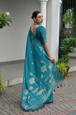 Thumbnail for Vishnu Weaves Women's Firozi Linen Silk Zari Weaving Saree with Blouse