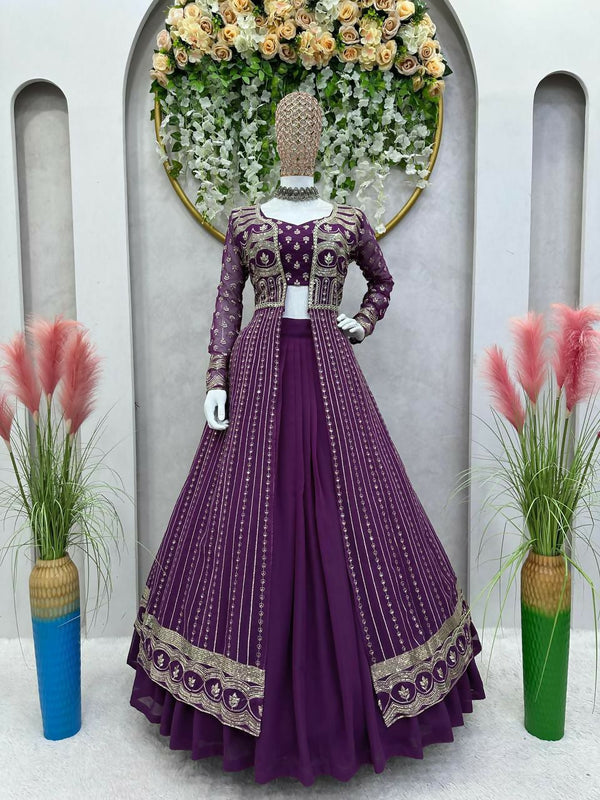 Jyoti Fashion Women's Wine Faux Georgette Sequins with Thread Embroidered Designer Lehenga Choli with Shrug Set - Distacart
