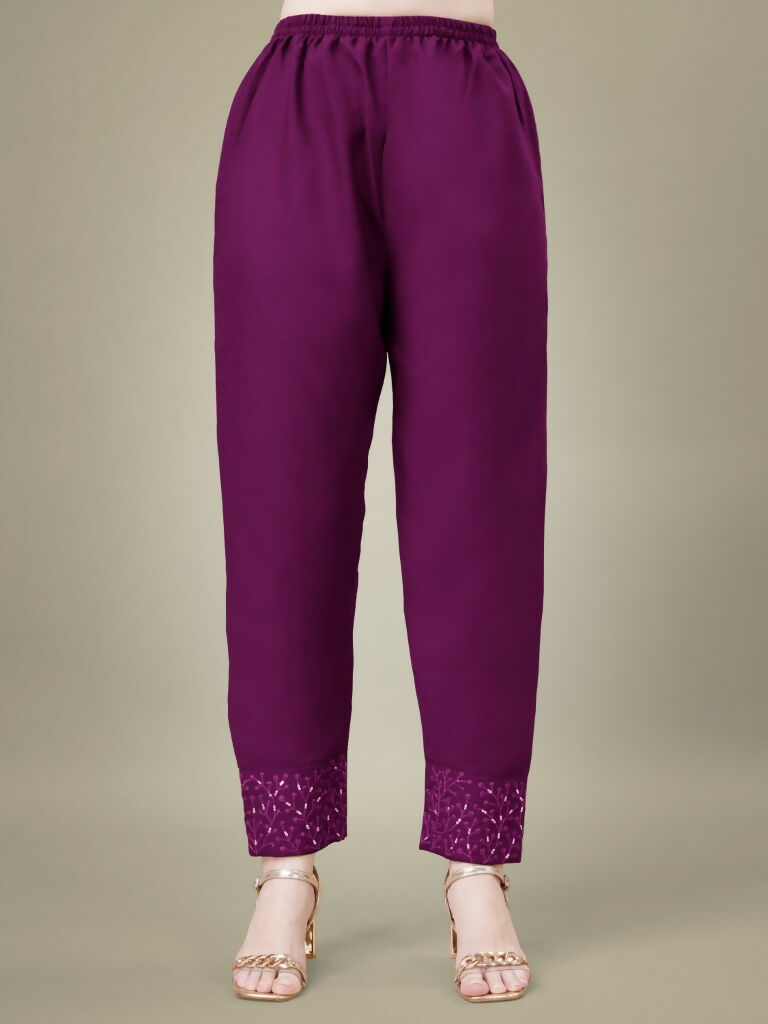Jyoti Fashion Women's Purple Cotton Blend Embroidery & Sequence work Kurta with Trouser & Dupatta - Distacart
