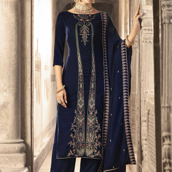 Jyoti Fashion Women's Navy Blue Velvet Floral Resham Thread with Jari work Kurta with Trouser & Dupatta - Distacart