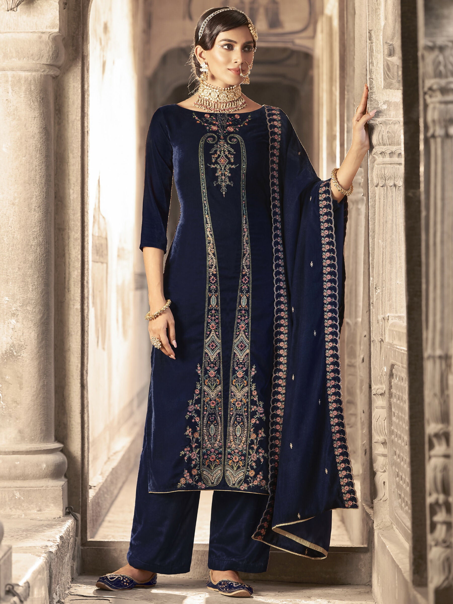 Jyoti Fashion Women's Navy Blue Velvet Floral Resham Thread with Jari work Kurta with Trouser & Dupatta - Distacart