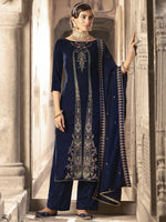 Thumbnail for Jyoti Fashion Women's Navy Blue Velvet Floral Resham Thread with Jari work Kurta with Trouser & Dupatta - Distacart