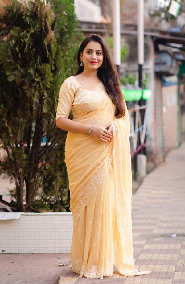 Yellow Pure Chiffon Woven Design Saree with Unstitched Blouse - Hiral Fashion - Distacart