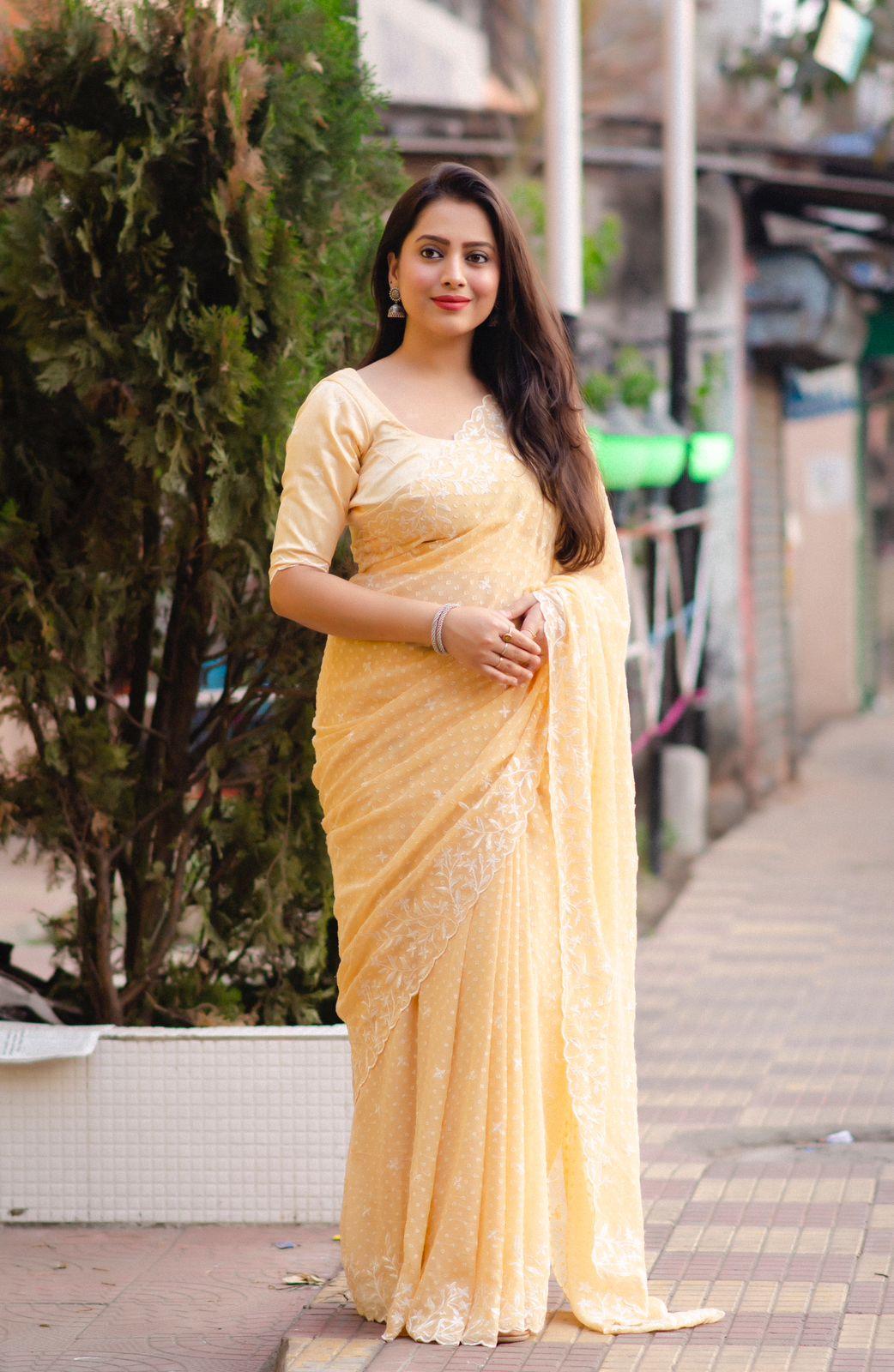 Yellow Pure Chiffon Woven Design Saree with Unstitched Blouse - A2M - Distacart