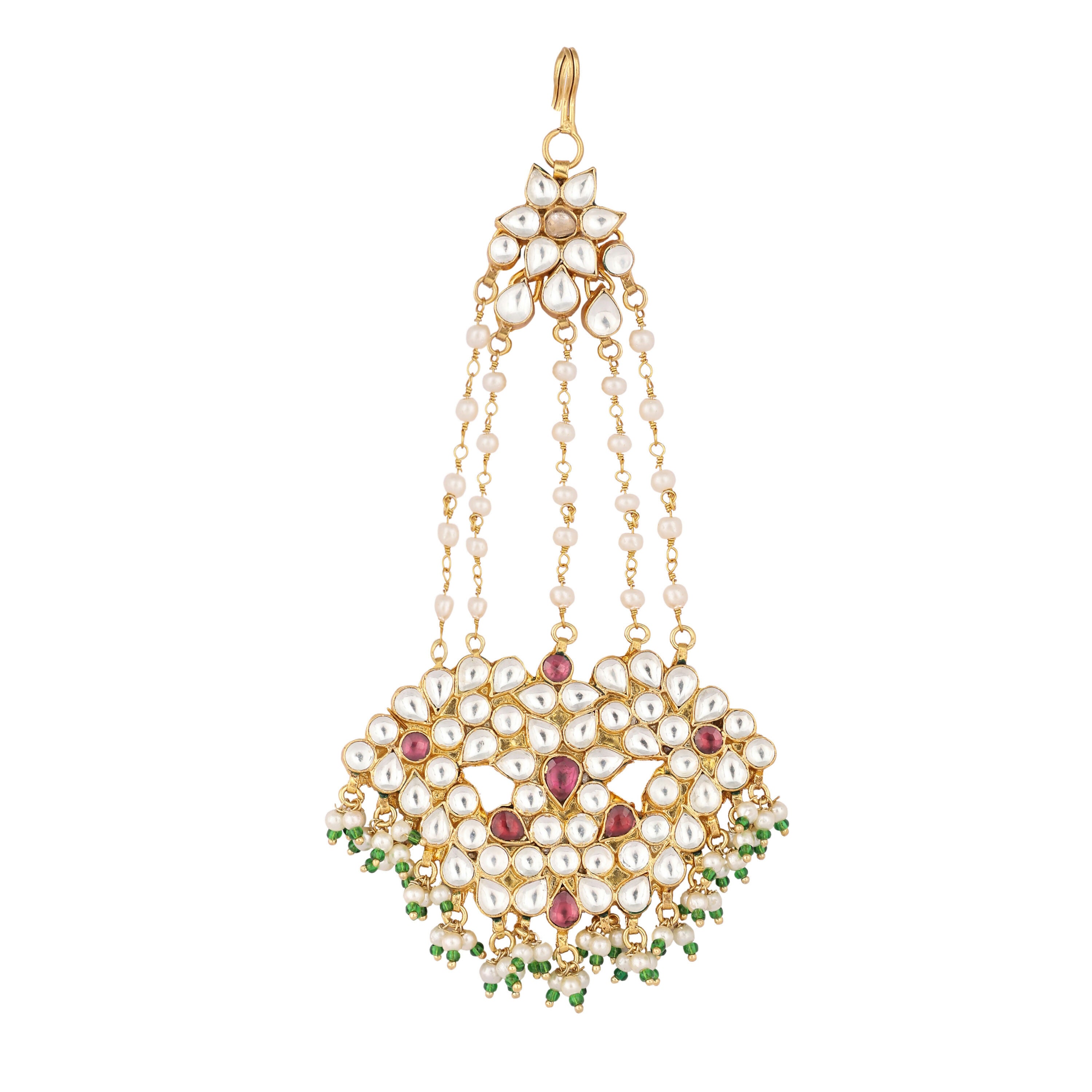 Nuyug 22K Gold-Plated Kundan & Red Stone Studded Jhumar Paasa Head Jewellery