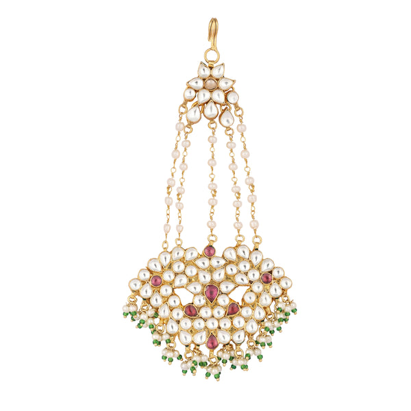 Nuyug 22K Gold-Plated Kundan & Red Stone Studded Jhumar Paasa Head Jewellery