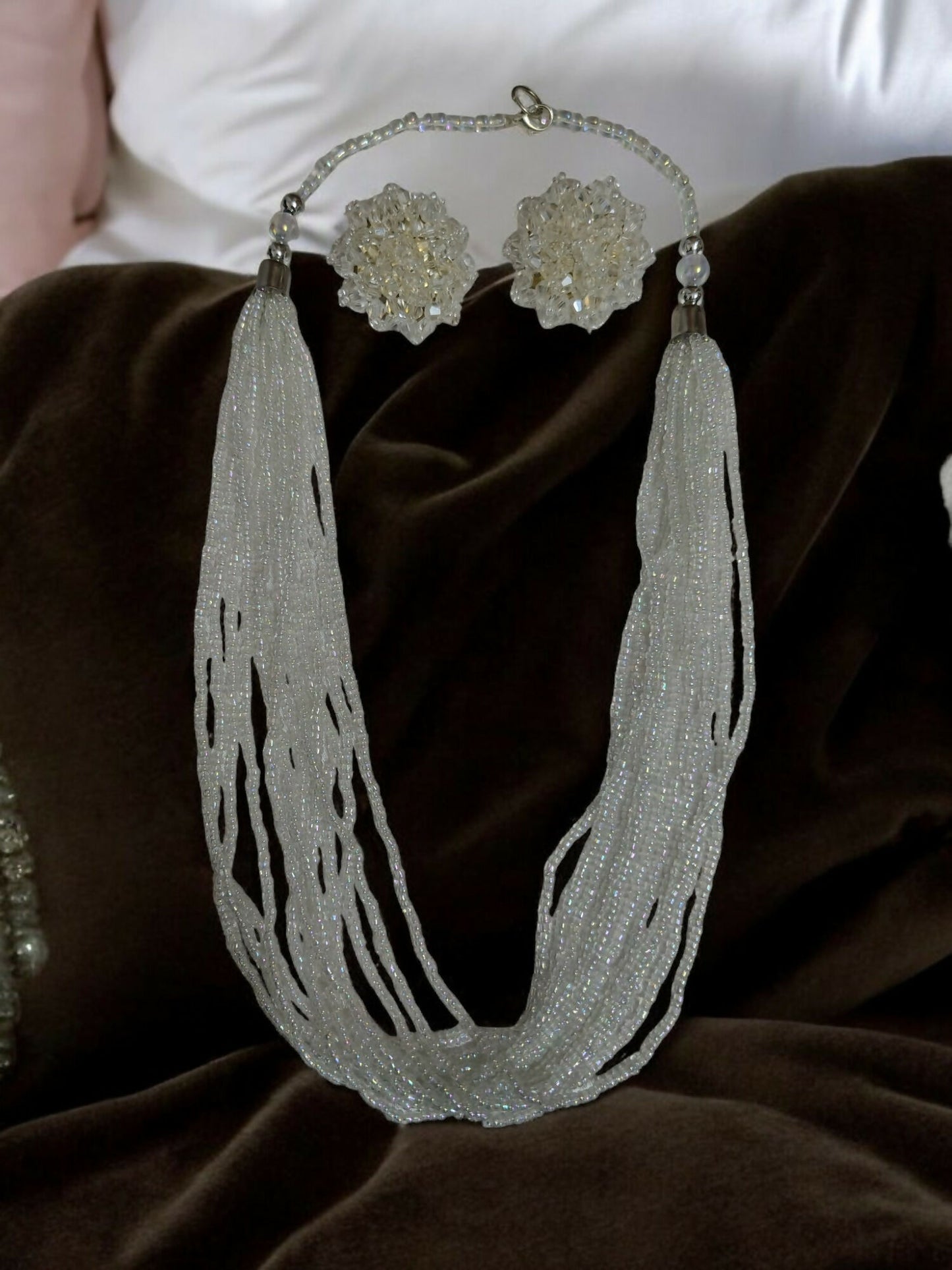 Inhanns Bloom Handmade Beaded Necklace With Earrings - 12 Layers - Ivory - Distacart