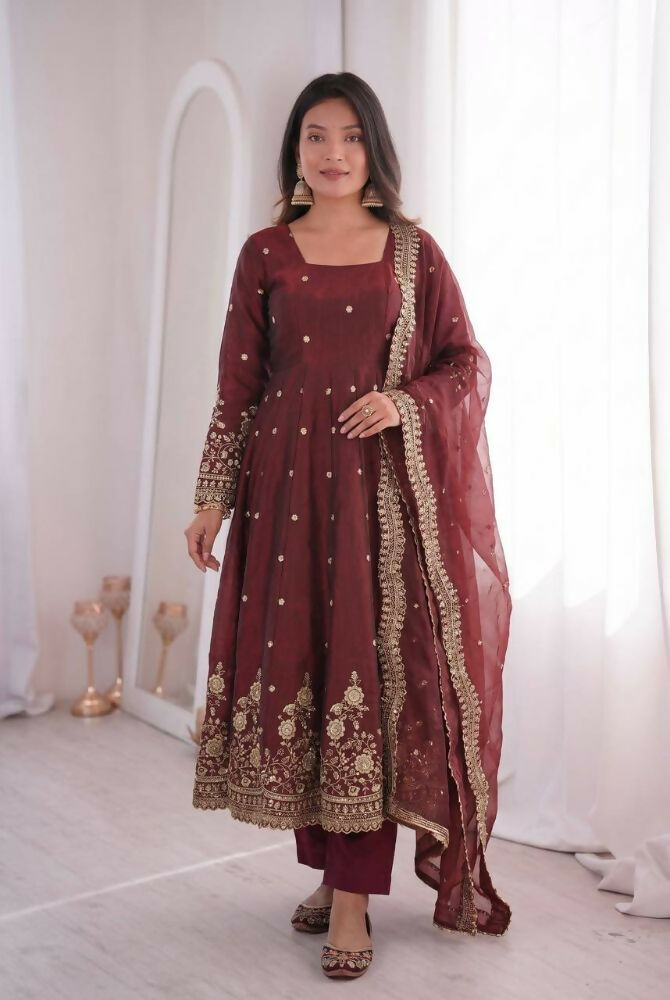Teeya Creation Womens New Latest Trendy Elegant Maroon Embroidered Anarkali Suit Set with Scalloped Dupatta - Dista