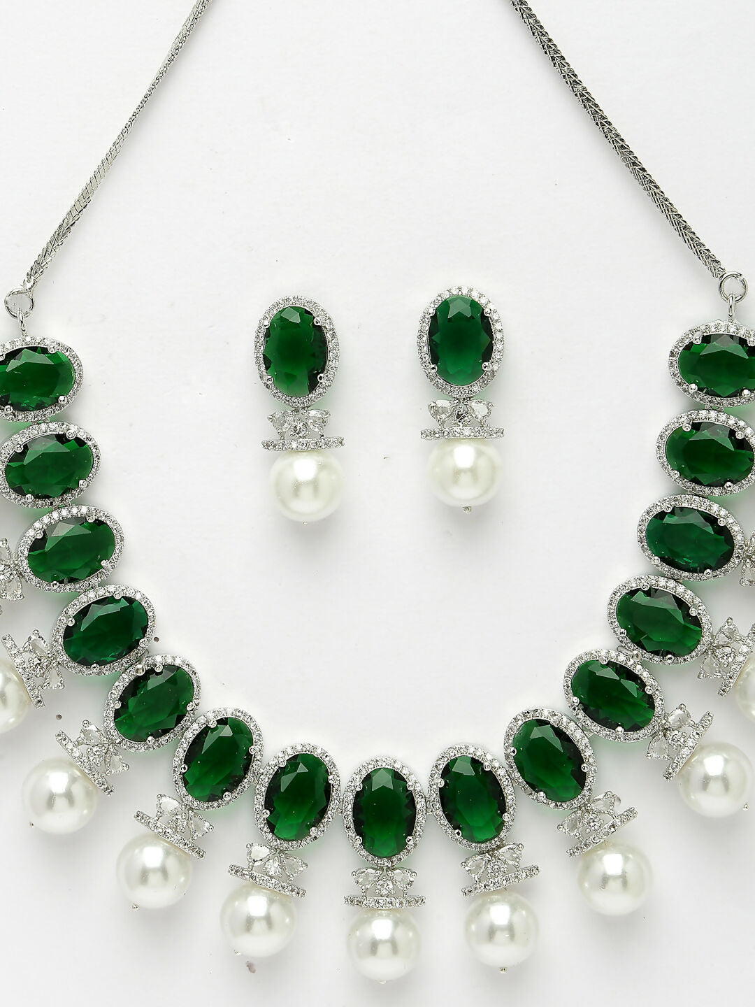 NVR Women's Silver-Plated Green American Diamond Studded Handcrafted Jewellery Set - Distacart