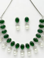 Thumbnail for NVR Women's Silver-Plated Green American Diamond Studded Handcrafted Jewellery Set - Distacart