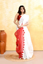 Thumbnail for Piyari Fashion Women's White Embellished Cotton Blend Jamdani Saree - Distacart