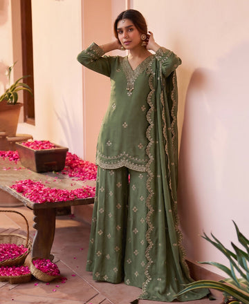 KC Roman Silk Palazzo Suit For Women Wedding Wear Green - Dista