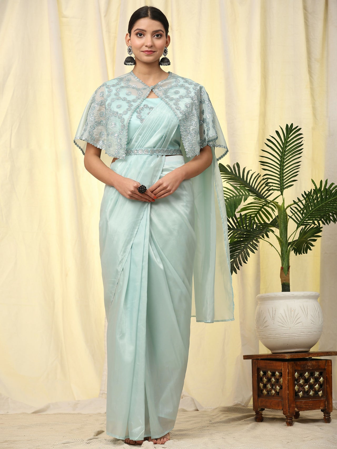 Blue Satin Solid Ready to wear Saree with stitched Blouse - Vanita - Distacart
