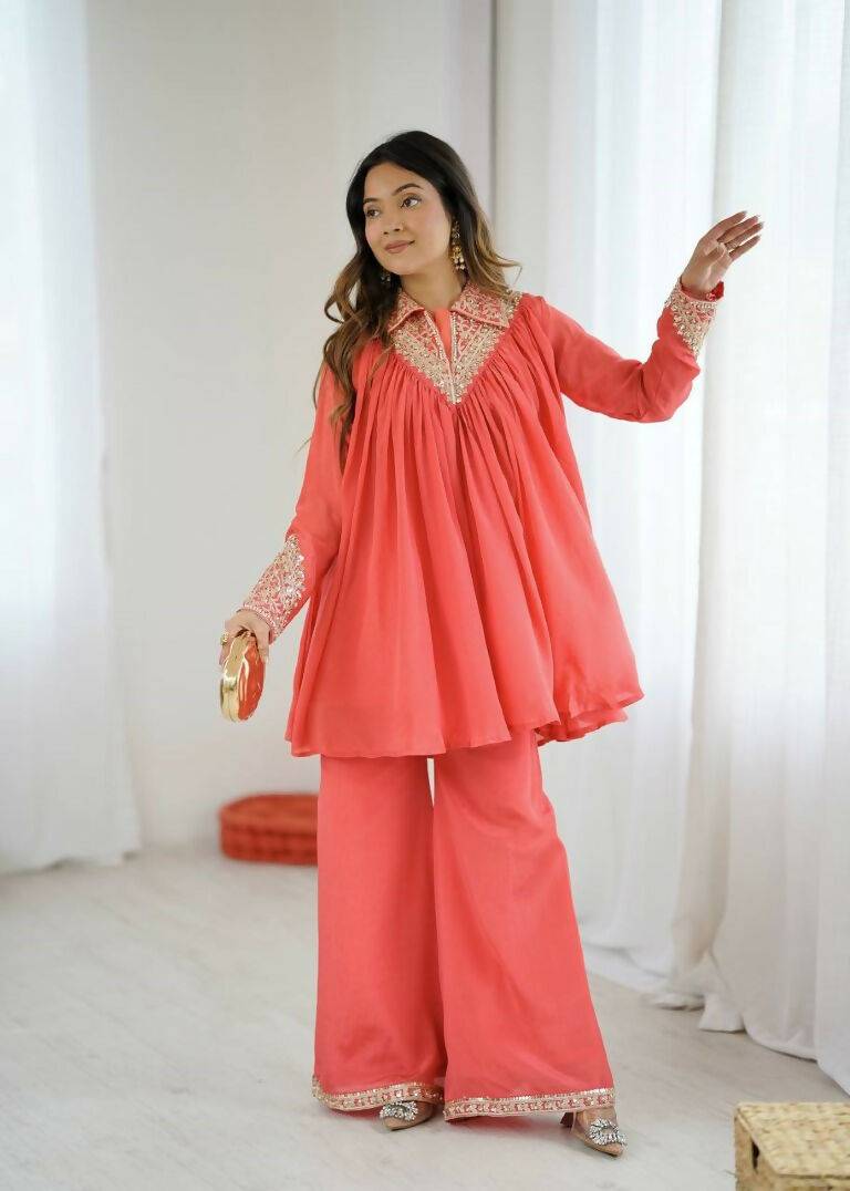 Teeya Creation Fenta Heavy Chinnon Silk Embroidery Work Plazo pair