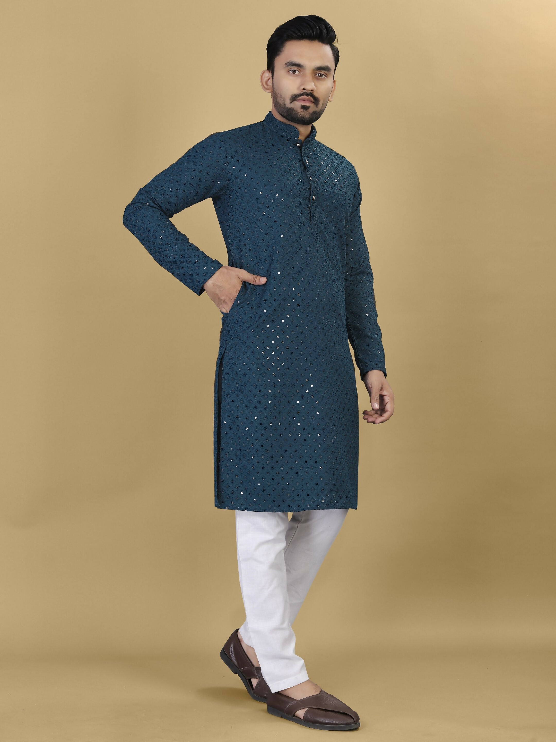 Anaita Teal Embroidered Rayon Straight Kurta - Distacart