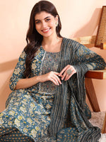 Thumbnail for Ode by House of Pataudi Printed Mirror Work Pure Cotton Kurta With Trousers & Dupatta - Distacart