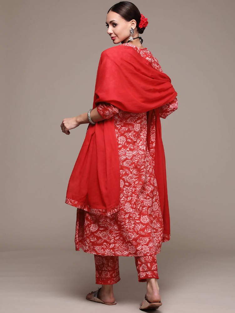 Anubhutee Red Floral Printed Pure Cotton Kurta with Trousers & With Dupatta - Distacart