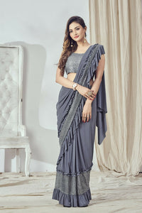 Thumbnail for Mahotsav Women's Grey Lycra Embellished Ready To Wear Saree With Stitched Blouse - Distacart