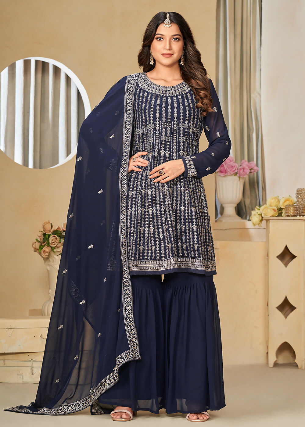 Faux Georgette Blue Embroidered Gharara Style Suit - Emponline - Distacart