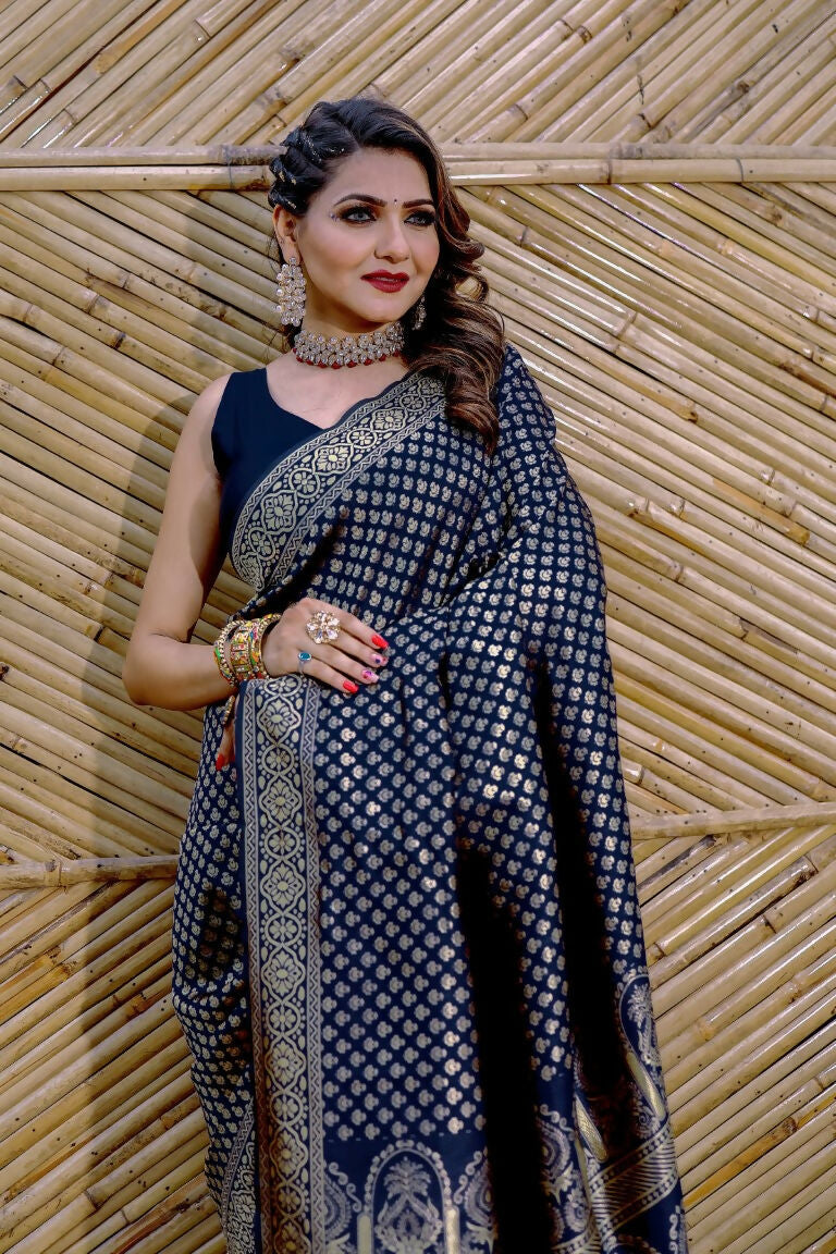 Partywear Designer Dark Blue Banarasi Silk Fancy Saree - Starwalk - Distacart