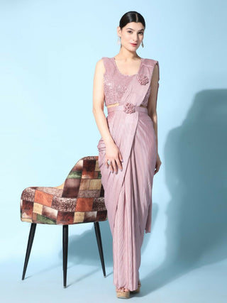 Pink Imported Crush Lycra Texture Pattern Ready to Wear Saree with stitched Blouse - Nirvana - Distacart