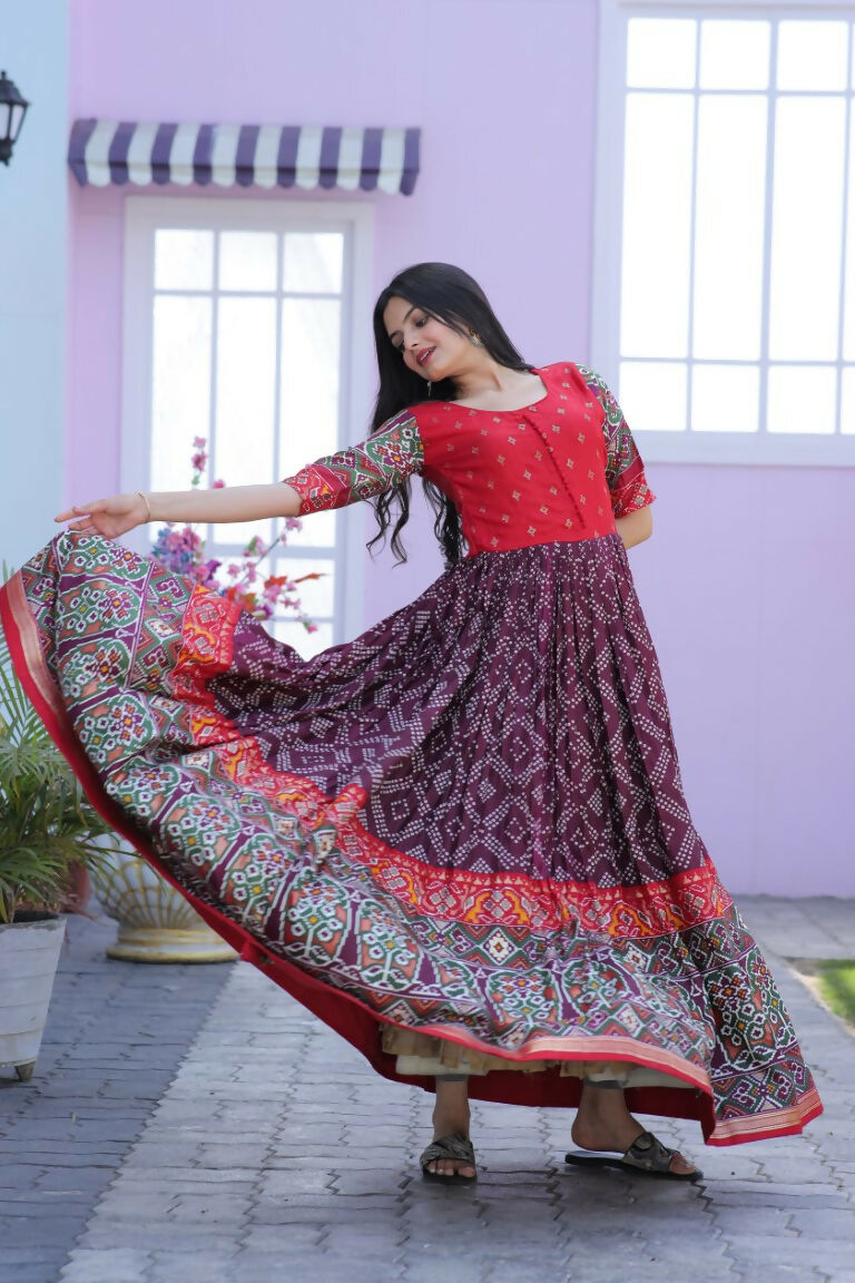 Jyoti Fashion Women's Wine Patola with Foil Print Dola Silk Anarkali Dress - Distacart