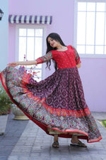 Thumbnail for Jyoti Fashion Women's Wine Patola with Foil Print Dola Silk Anarkali Dress - Distacart